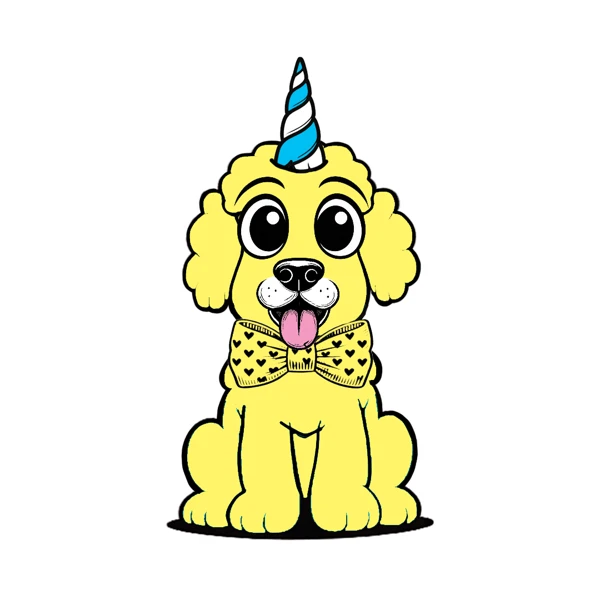 Yellow poodle with a striped horn and polka-dot bow tie