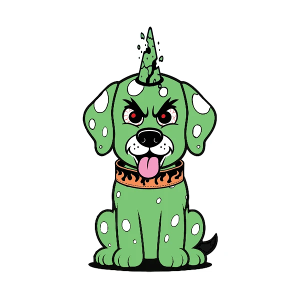 Green spotted dog with a spotted horn and brown shirt