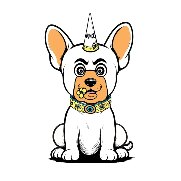 White dog with orange ears and a white cone horn