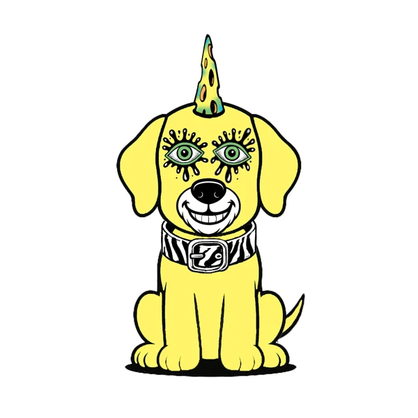 Yellow dog with a yellow horn and patterned collar