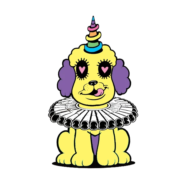 Yellow and purple poodle with heart eyes and a ruff