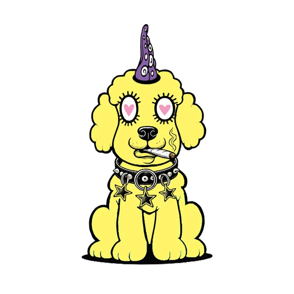 Yellow poodle with heart eyes and a purple horn