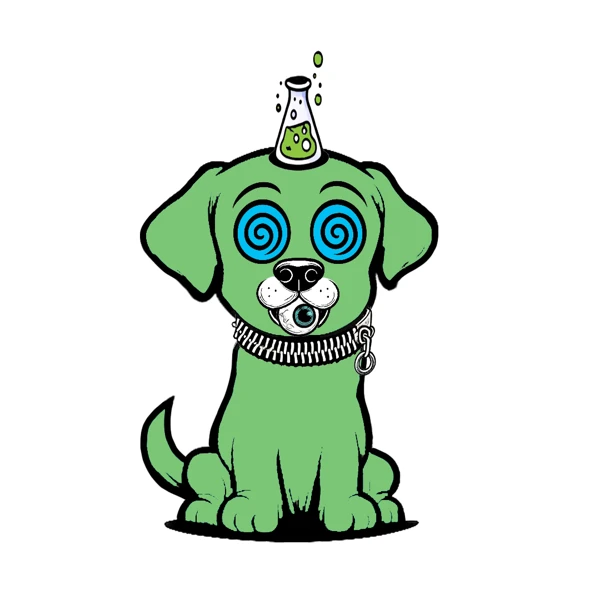 Green dog with spiral eyes and a bubbling horn