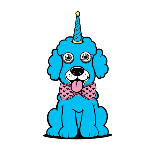 Blue poodle with a blue horn and pink bow tie