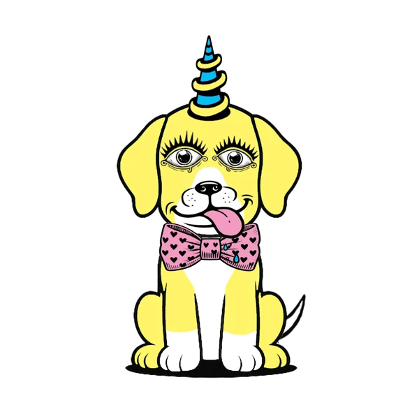 Yellow dog with rainbow horn and pink bow tie