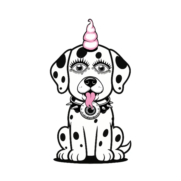 Spotted dog with pink spiral horn and spiked collar