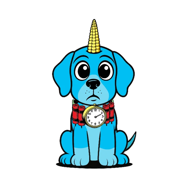 Blue dog with a yellow horn and clock collar