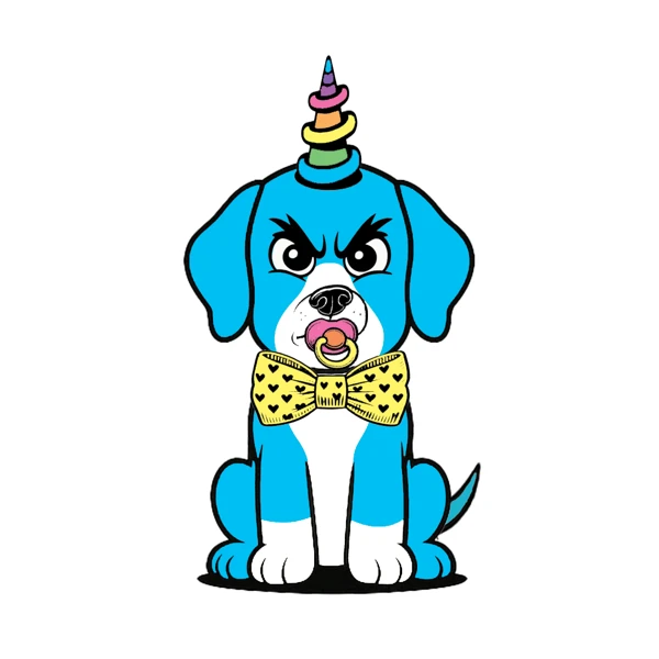 Blue dog with rainbow horn and yellow bow tie