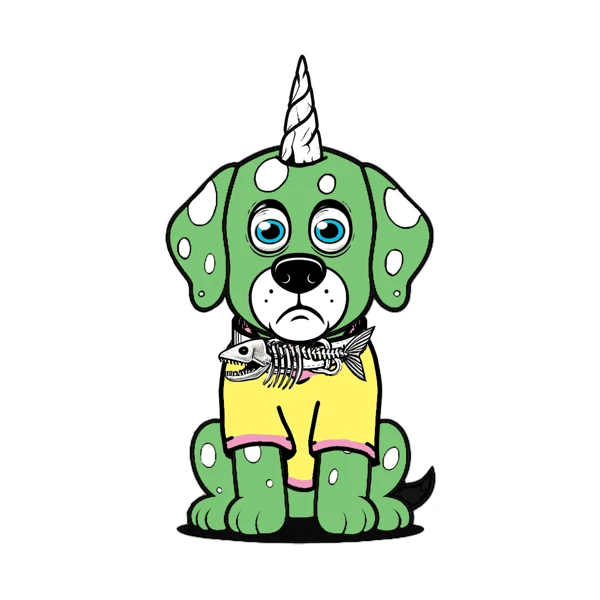 Green spotted dog with a white horn and yellow shirt