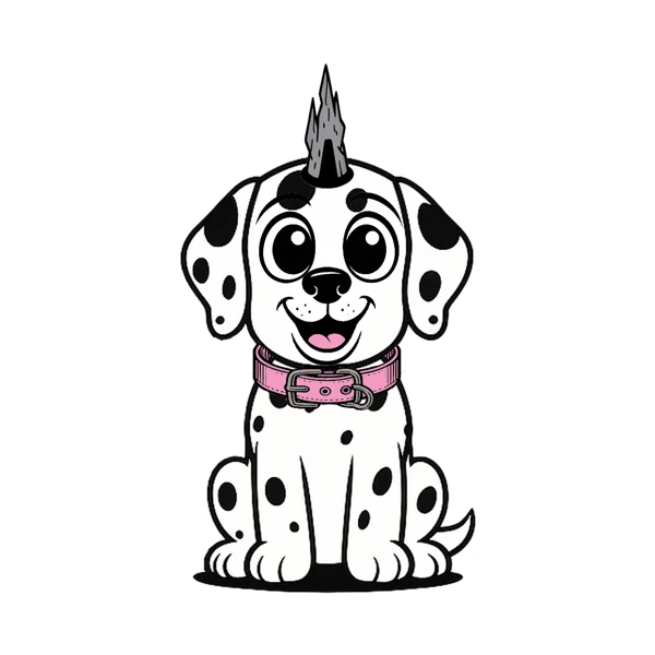 Black-and-white spotted dog with a dark horn and pink collar