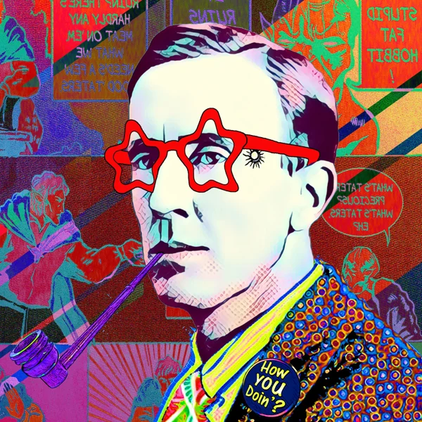 Tolkien 14: Red star-shaped glasses and a patterned jacket
