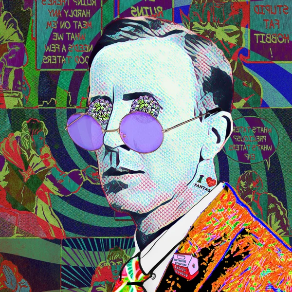 Tolkien 20: Purple round glasses and an orange patterned jacket