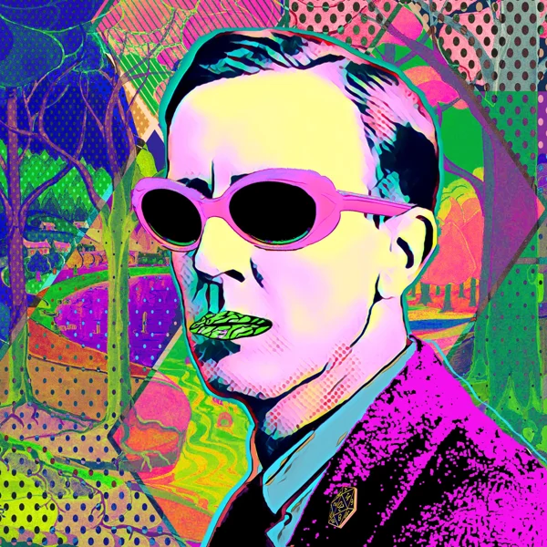 Tolkien 72: Pink sunglasses and a green lizard at the mouth
