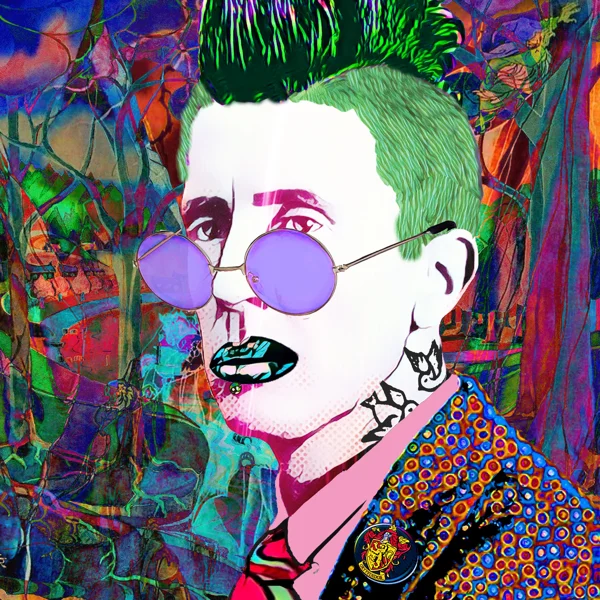 Tolkien 74: Tall green hair, round purple glasses, and a green mouth accessory