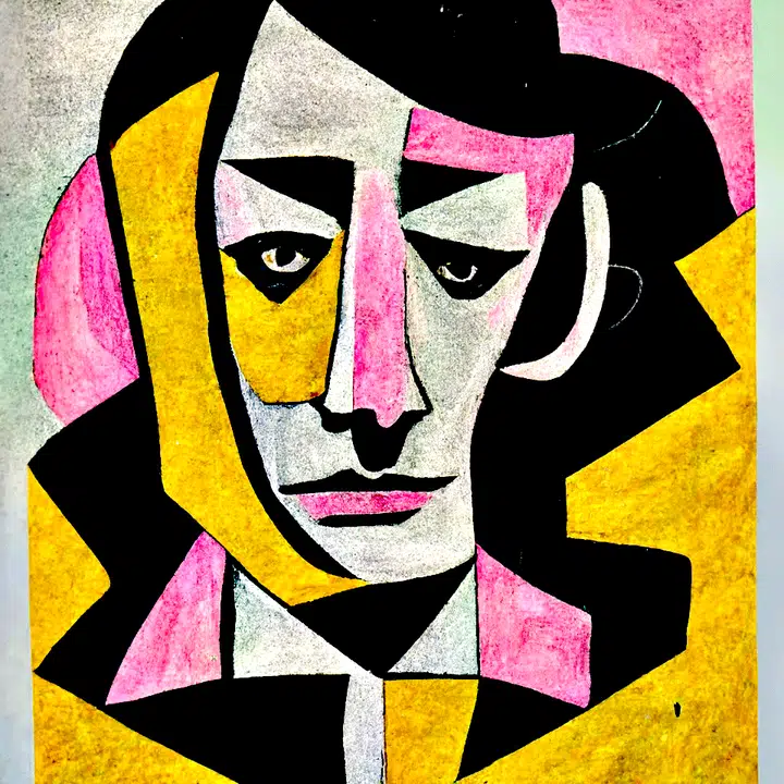 Dark-haired portrait with pink and yellow geometric framing